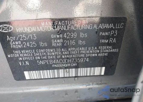 2013 Hyundai Sonata Gls z USA, uszkodzony, nr VIN 5NPEB4AC0DH735974